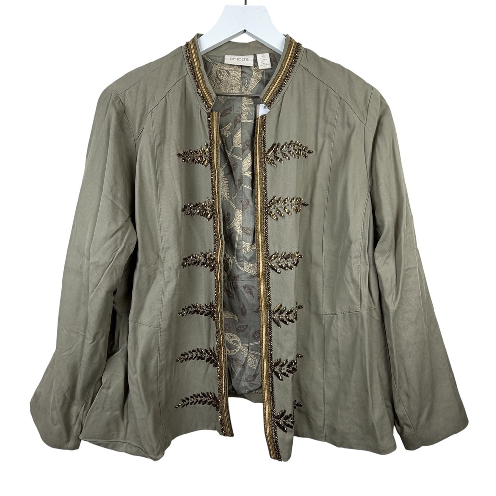 Chico's Novelty Embellished Military Jacket Vetiver Green Size 3 Petite NWT
